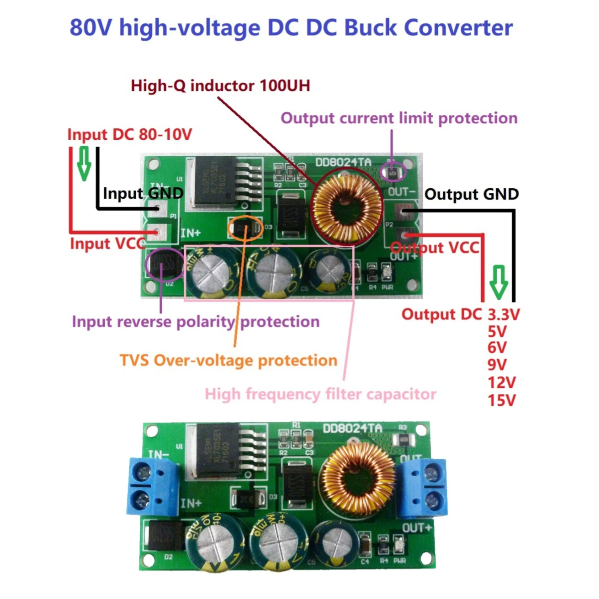 

4PCS High-Voltage EBike DC-DC Converter Buck Step-Down Regulator Module 80V 72V 64V 60V 48V 36V 24V to 15V 12V 9V 6V 5V 3.3V