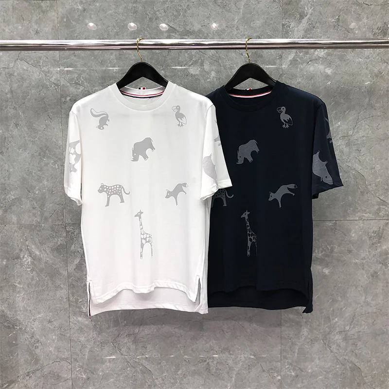 

TB THOM Men T-shirt Summer Animal Printed Hem Stripes Casual Women's T Shirt Black White Harajuku Custom Clothing Fashion Top