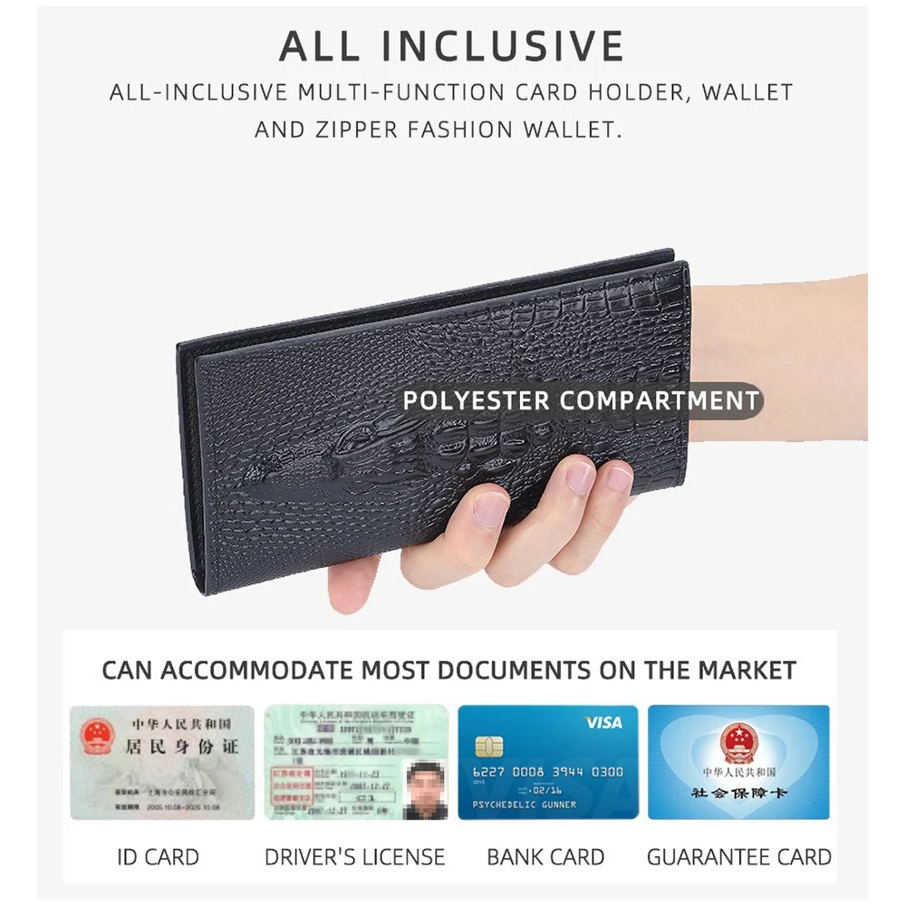 Baellerry Men's Crocodile Pattern PU Wallet Long Multi - Card Slots Large Capacity Trifold Purse with ID Window