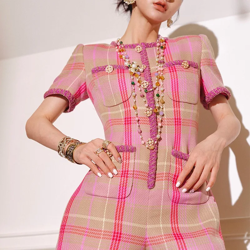 

Pink Plaid Jumpsuit For Women'S High-End Gold Wire Plaid Woven Fabric With Heavy Craftsmanship And Unique Jumpsuit Shorts