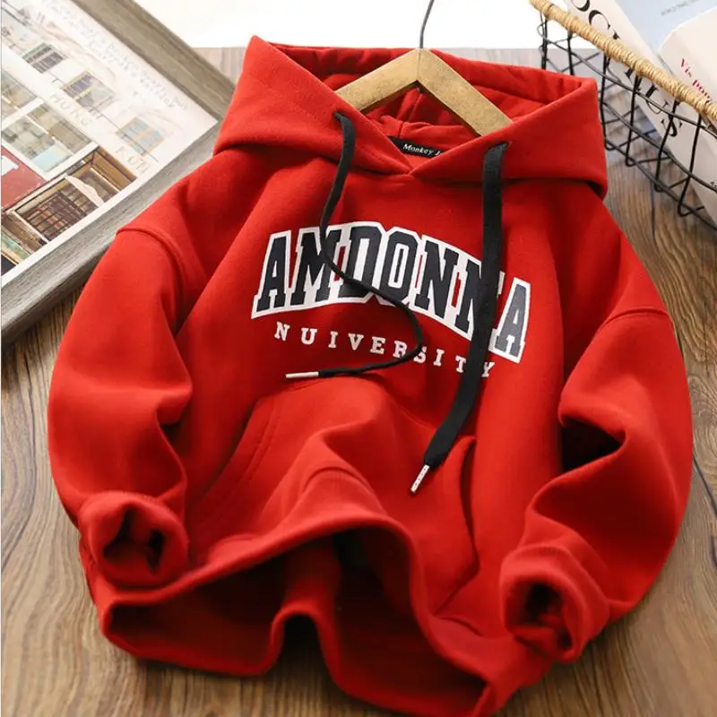 

Autumn Winter Boys Girls' Sweater 2023 New Korean Version Medium Big Children's Thickened Letter Hooded Top Fashion Coat 3-12Y