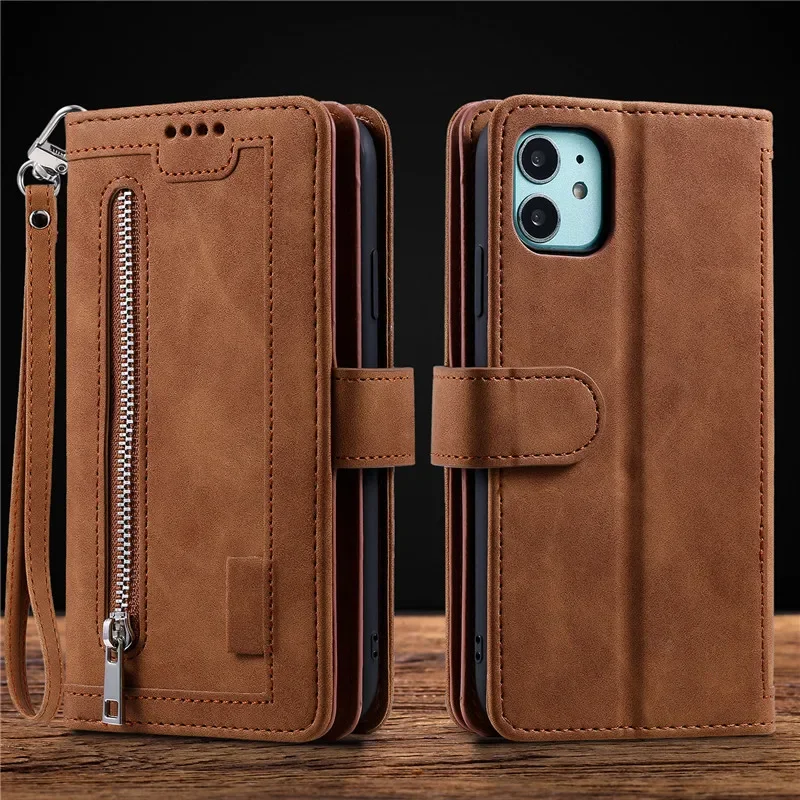 Luxury Zipper Leather Wallet Flip Case with Multi 9-Card Slots