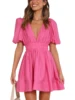 Women Summer Casual A-line Dress Solid Color Deep V-Neck Short Puff Sleeve Mini Dress Fashion Party Short Dress 1