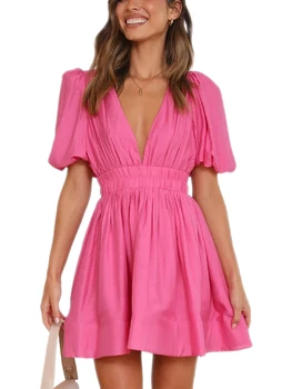 Women Summer Casual A-line Dress Solid Color Deep V-Neck Short Puff Sleeve Mini Dress Fashion Party Short Dress 1