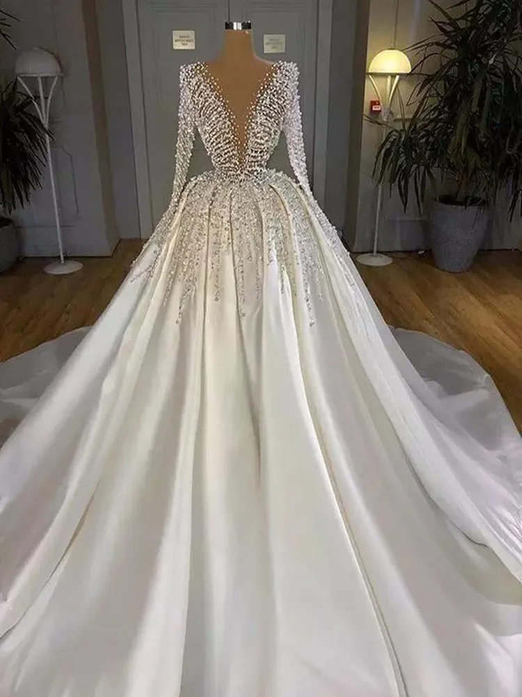 

Modern See Through Beads Sequins A -Line Wedding Dress Sweep Train Robe De Mariage 2024 Long Sleeves Satin Bridal Gown