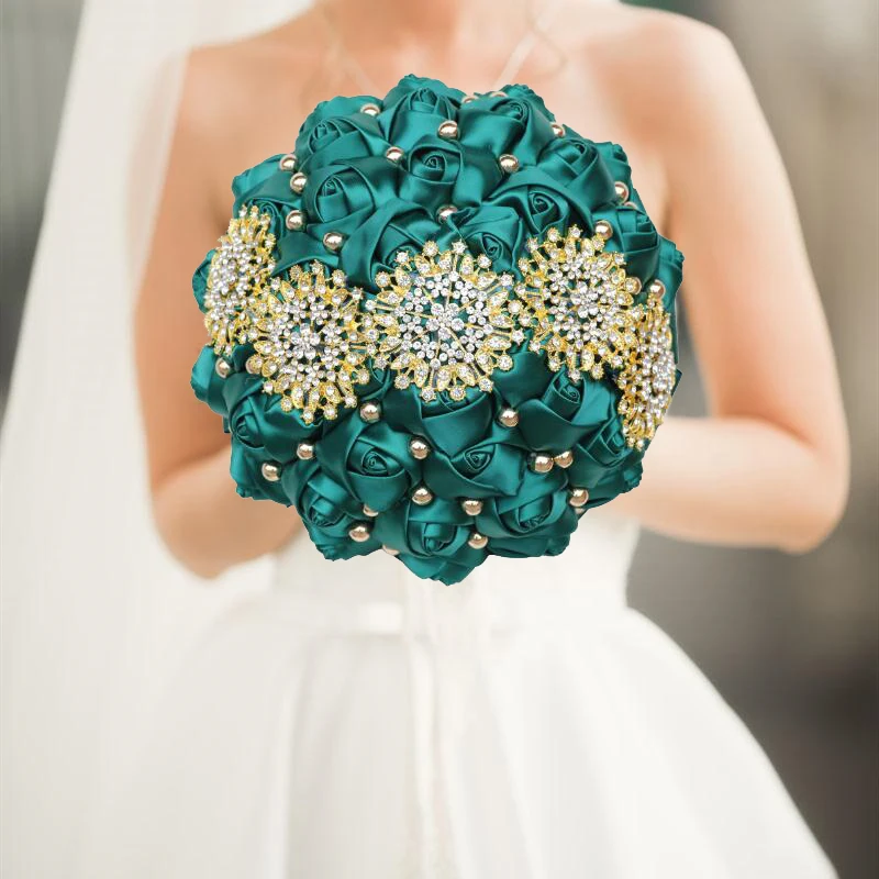 green emerald velvet dress Green with ivory quinceanera bouquet main image 1