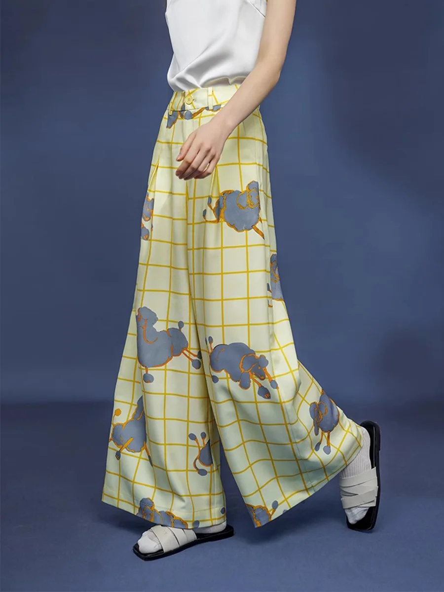 Women's Plaid Wide Leg Pants, Hand Drawn Illustrations, Lemon
