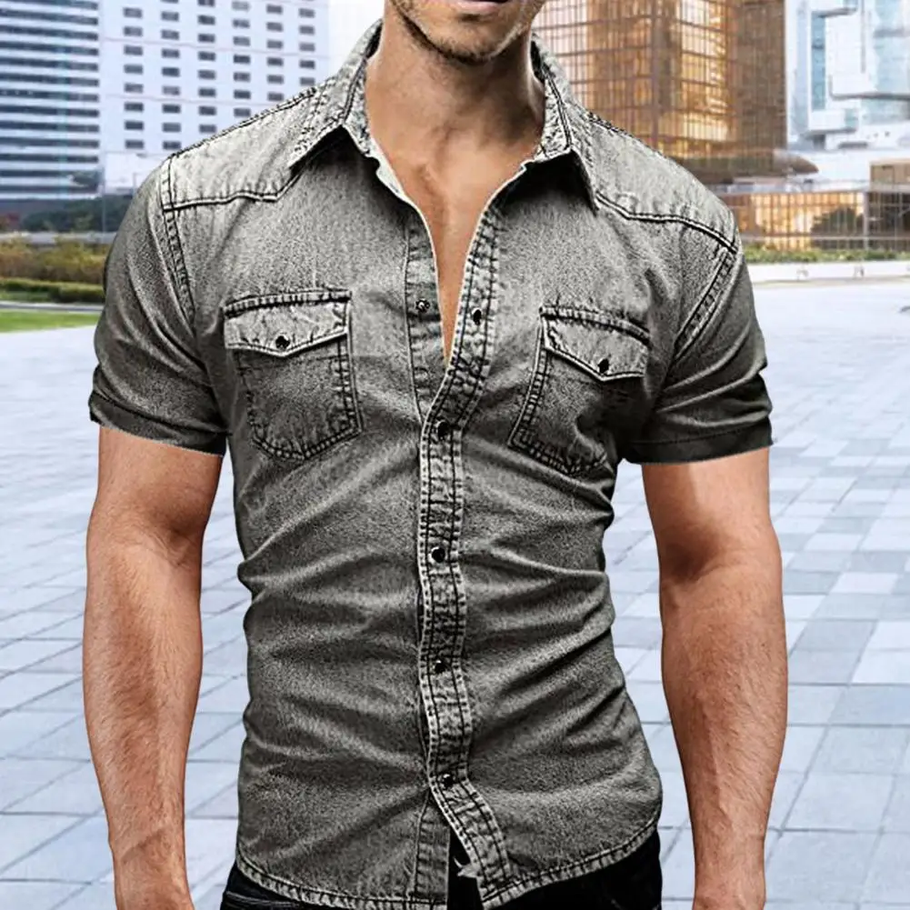 

Classic Denim Shirt Fine Sewn Short Sleeve Turn-down Collar Trendy Casual Slim Denim Shirt Summer Shirt Workwear