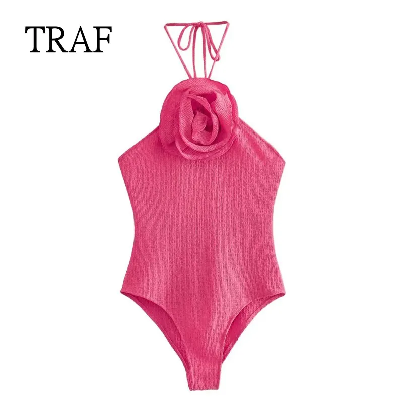 

TRAF Pink Bodysuit Women Summer Textured Flower Top Women Jumpsuit Sleeveless Female Jumpsuit Beach Sexy Swimsuit 2023 Chic Tops