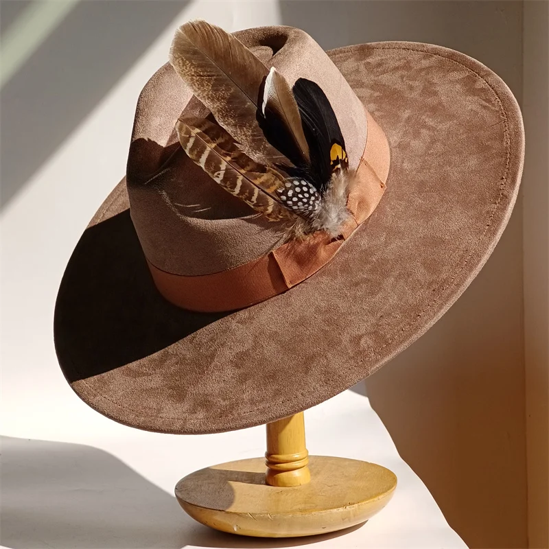 Gelbe Schleife Feder Wildleder Zylinder breite Krempe Fedora Hut Männer Frauen Herbst Feder Bänder Winter Filz Jazz Hüte Fedoras So – Detail 10