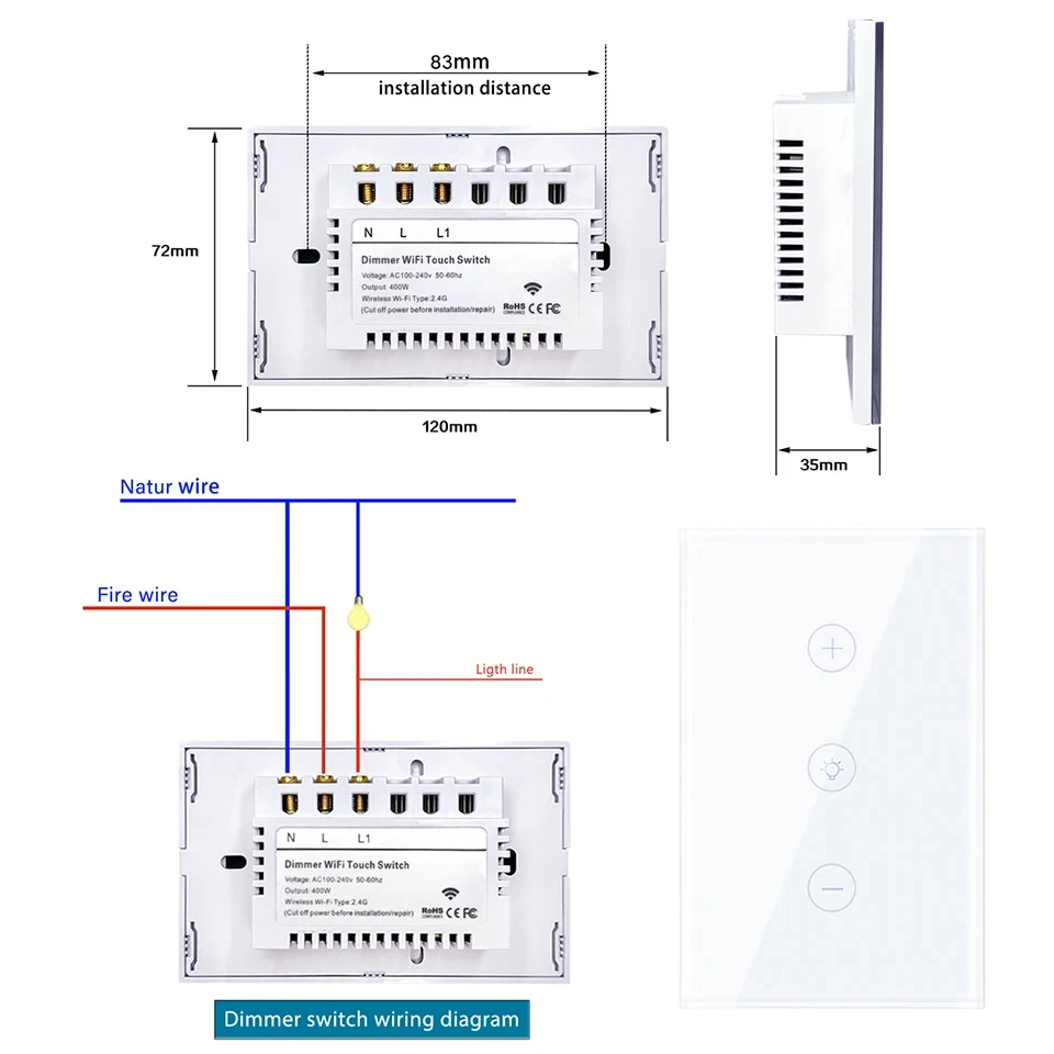 투야 와이파이 스마트 터치 조명 조광기 스위치, 미국 표준 스마트 라이프 음성 제어 AC110-240V, 알렉사 구글 홈과 작동