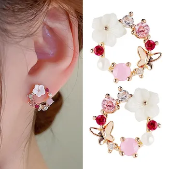 925 Silver Needle Crystal Pearl Butterfly Flower Wreath Earrings For Women Jewelry 2025 Trending Women's Korean Fashion Earrings