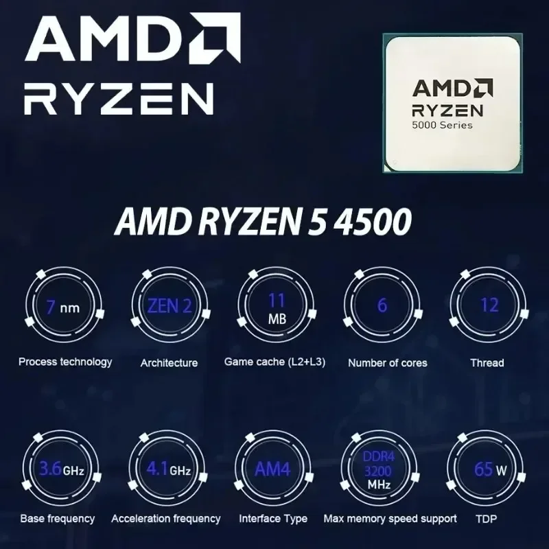 AMD 라이젠 5 4500 데스크탑 CPU 6코어 12스레드 최대 부스트 4.1GHz AM4 소켓 PCIe 3.0 OEM 프로세서 (쿨러 미포함) 재고 있음