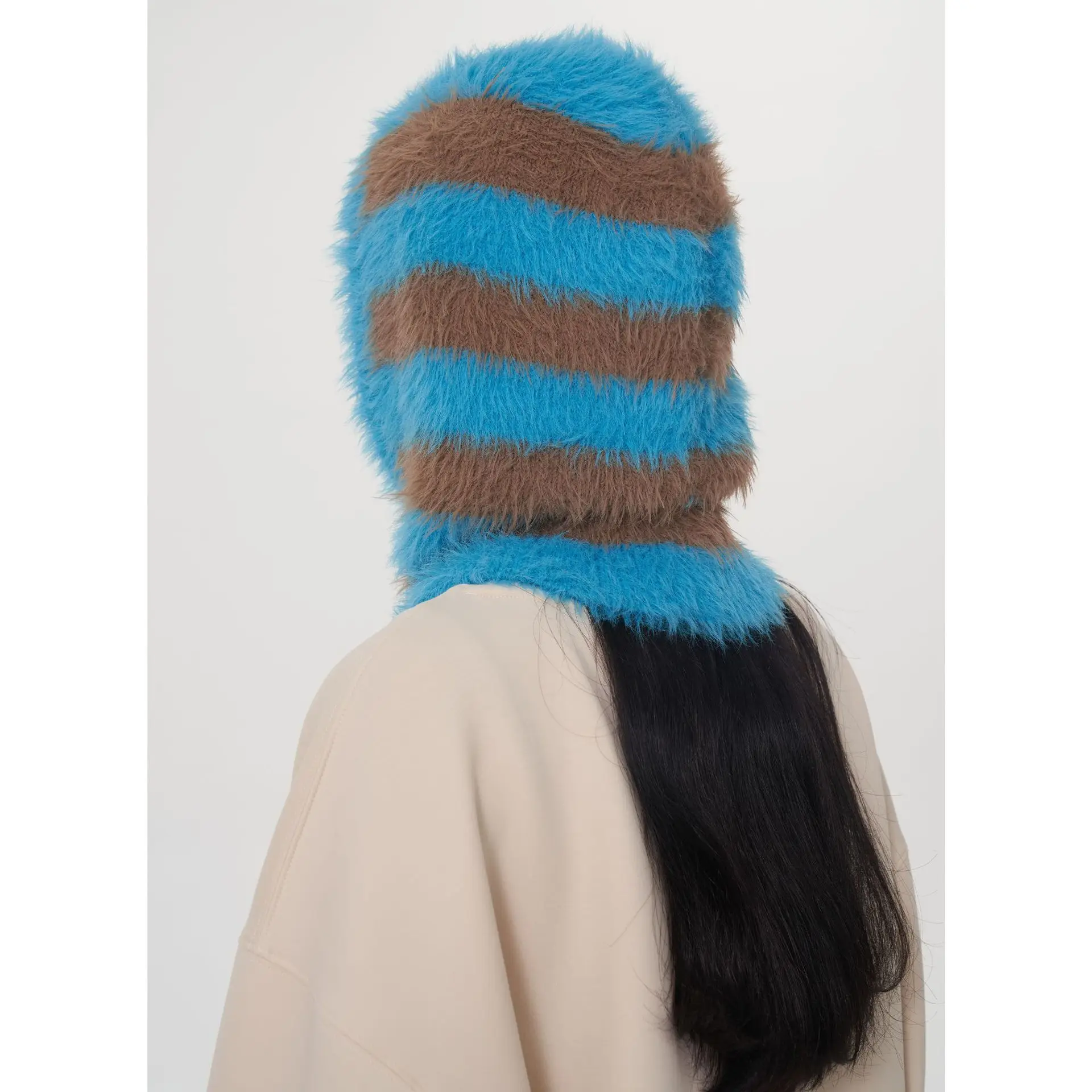 Women Winter Beanie Hats One-Piece Knit Balaclavas Stripes Imitation Mink Velvet Hats Scarf Hat 5