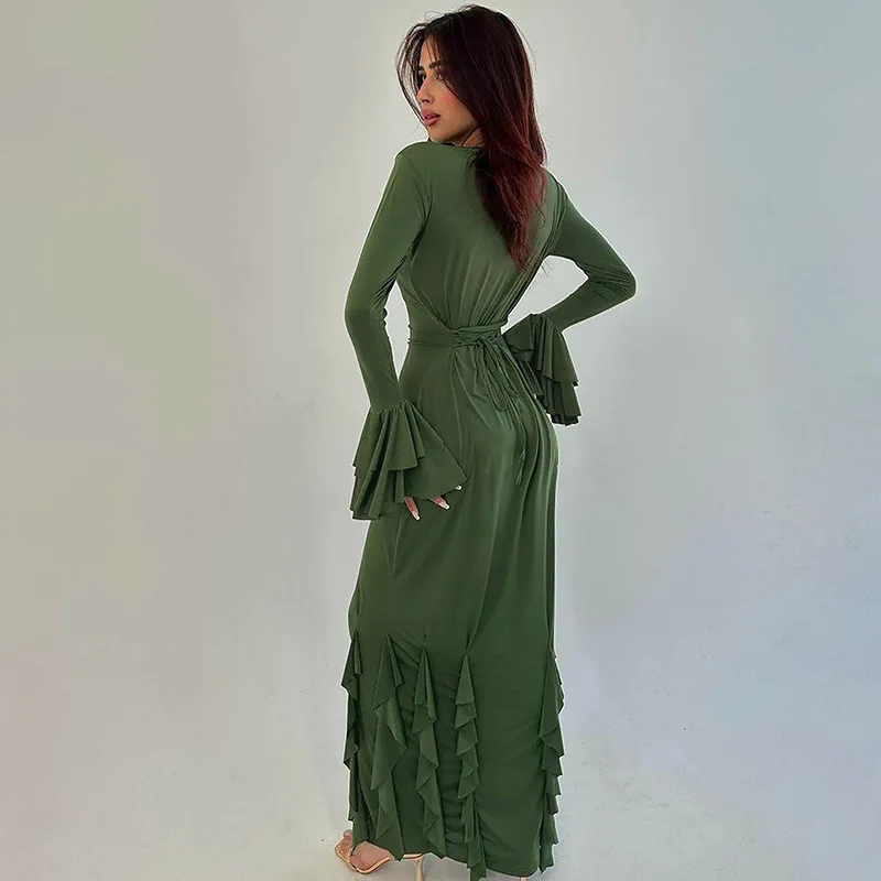O Neck Knit Ribbed Long Sleeve Ruffles Women'S Dresses Elegant Evening Manufacturer Casual Y2K Prom Ladies Dress