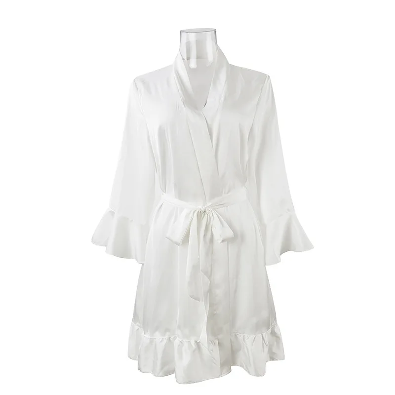 White Black Satin Robe Ruffle Sleeves Sweet Women's Ruffled Nightgown Summer Spring Soft Silky Satin Sleepwear Kimono Bathrobe