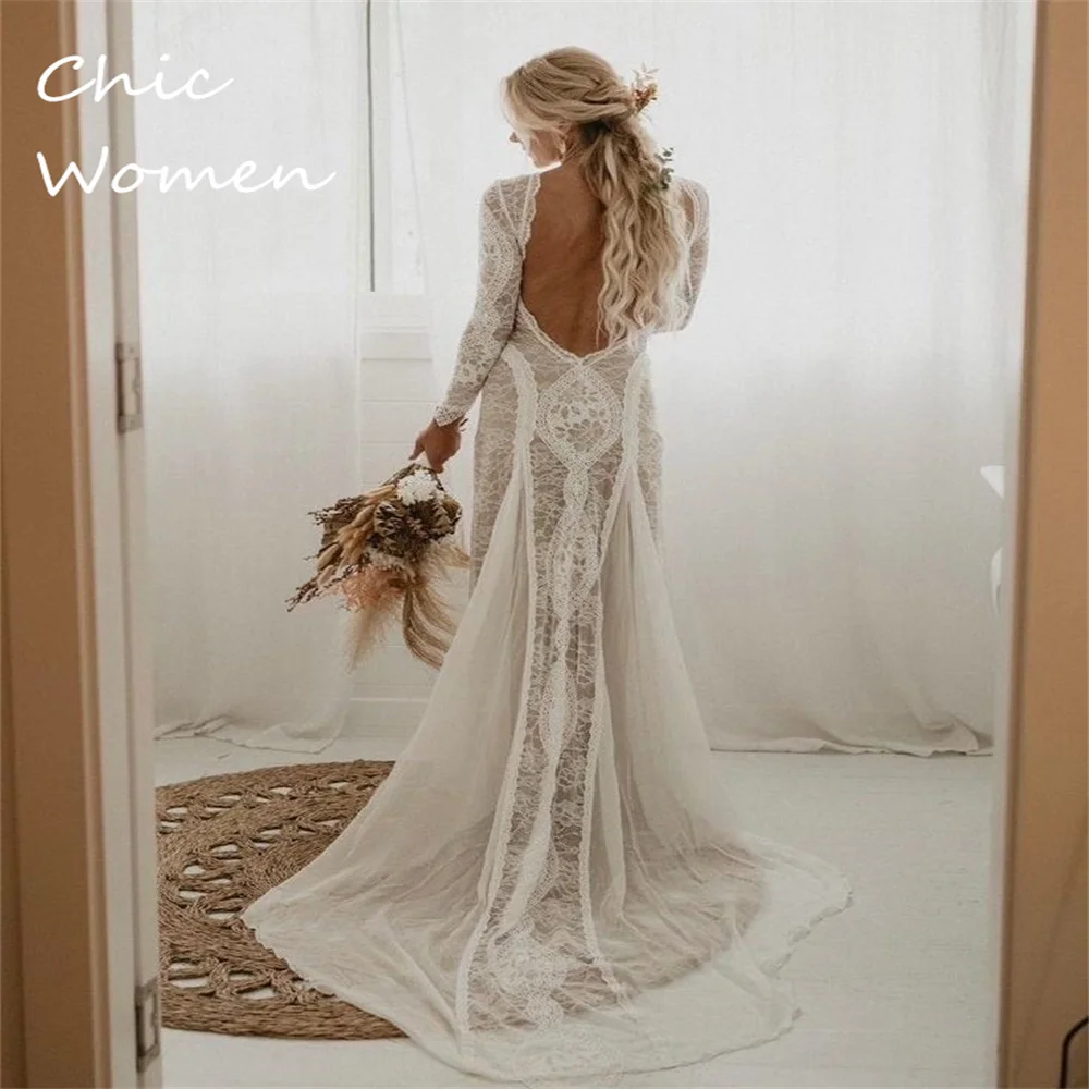 

Long Sleeve Lace Boho Wedding Dress For Civil Bride 2023 Sexy Backless Summer Beach Bridal Gowns Crochet Lace Rue De Seine