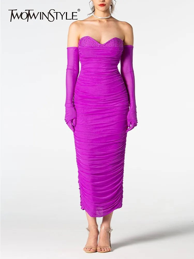 

TWOTWINSTYLE Strapless Slim Party Dresses For Women Slash Neck Long Sleeve Off Shoulder Split High Waist Bodycon Dress Female