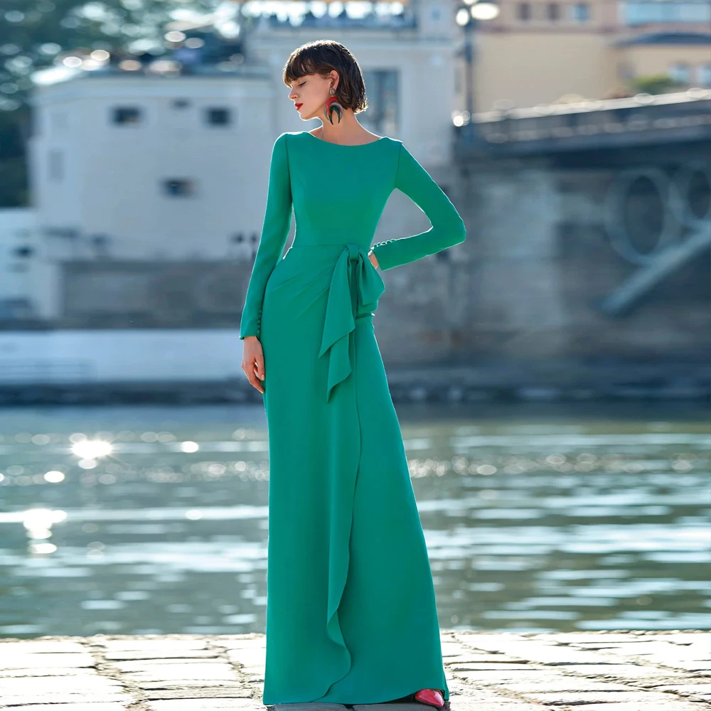 

Simple Mother of the Bride Dresses for Weddings O Neck Long Sleeves Wedding Party Gowns Bow Floor Length Mermaid فساتين السهرة