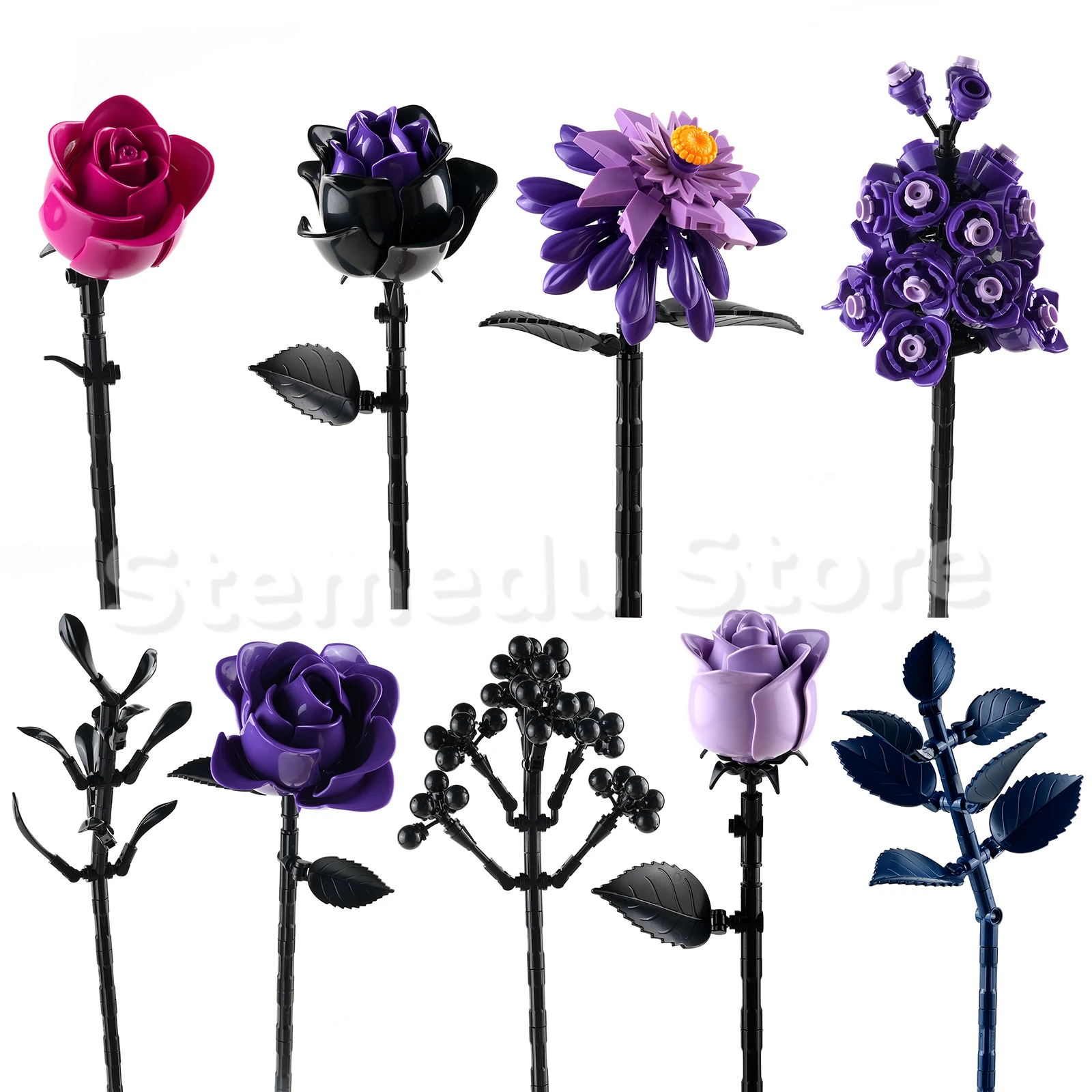 Purple Black Roses Flowers Bouquet Building Set, Botanical Collection...