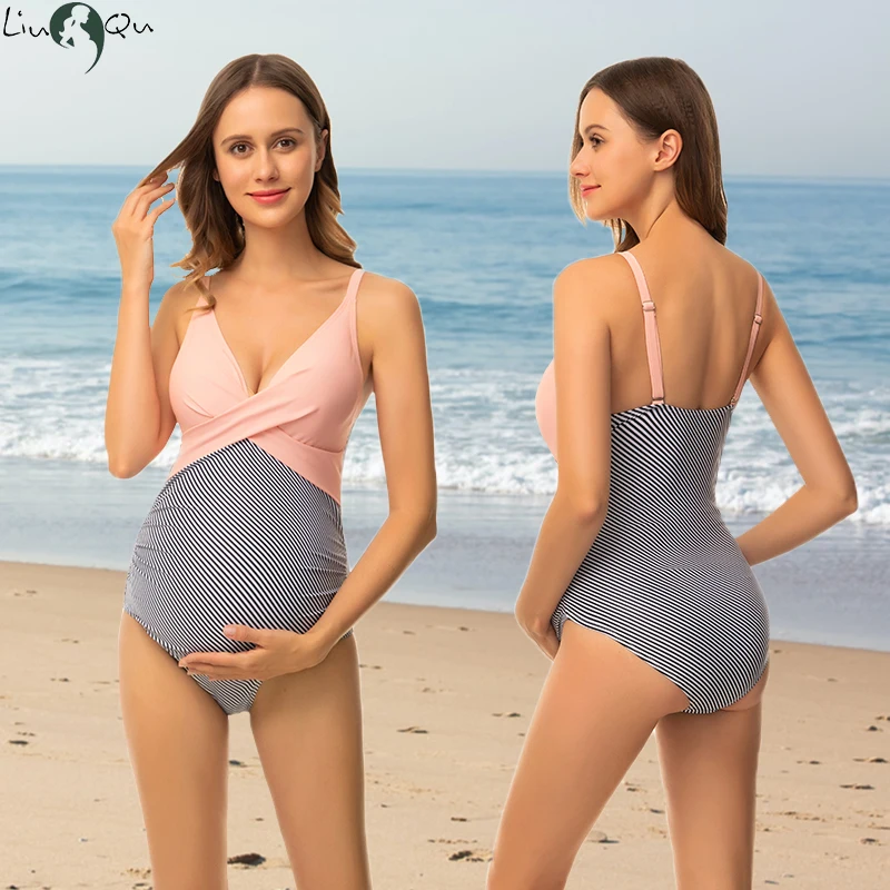 Liu&Qu Women's Maternity Swimsuit One Piece Front Cross V-Neck Pregnancy  Swimwear Monokini Beach Bathing Suits