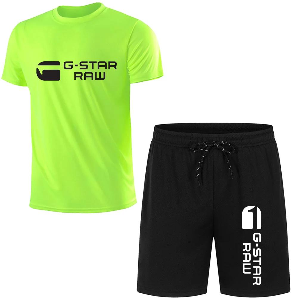 2024 Summer G-STAR RAW Print Men's T-shirts Shorts Set Suit Fashion Leisure Breath Sport Jogging Gym 2pcs Short Sleeve 5