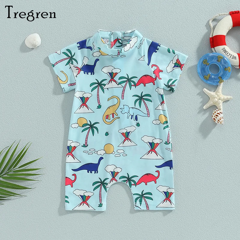 

Tregren 1-5Years Toddler Boys Romper Swimsuit Shark Dinosaur Cartoon Print Swimwear Kids Short Sleeve Beach Pool Bathing Suits