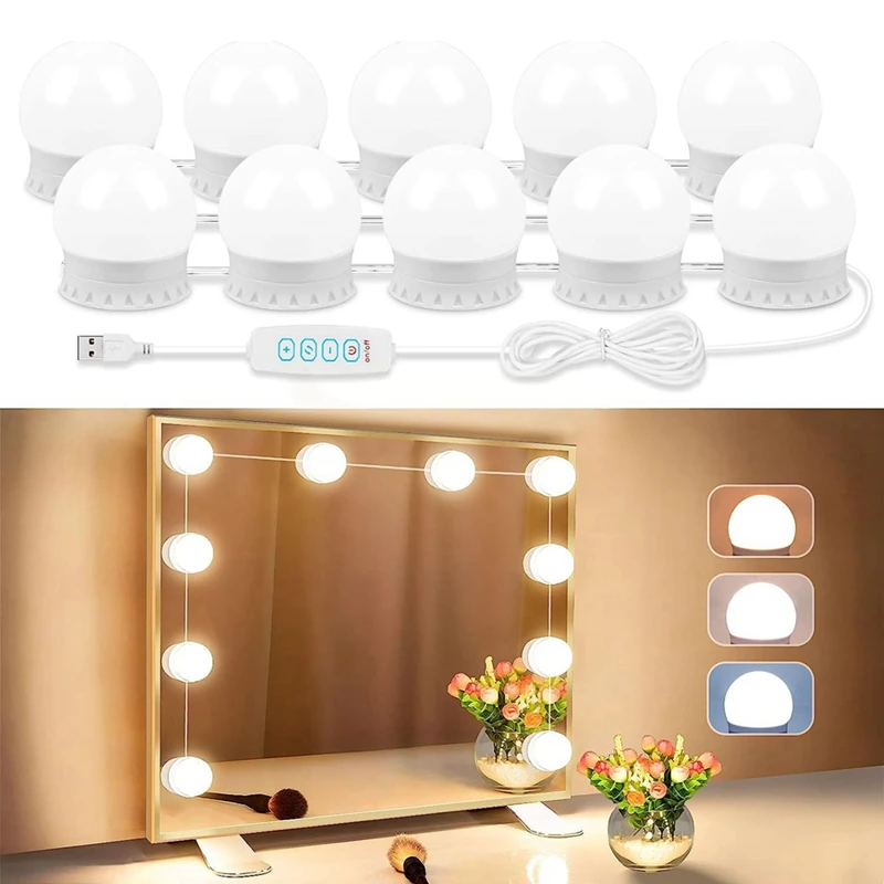 LED Vanity Lights For Mirror, USB Cable Mirror Lights Vanity Stick On With 10 Dimmable Bulbs, For Makeup Dressing