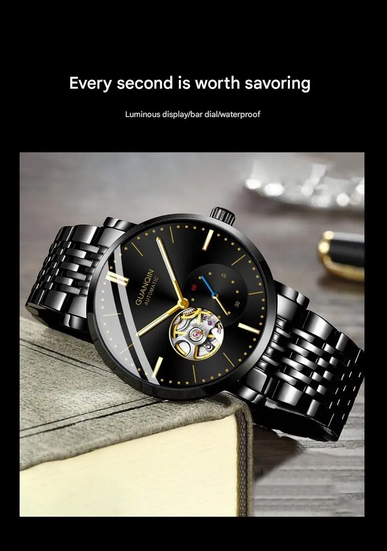 Orologio da polso da uomo GUANQIN con scheletro automatico, meccanico, a carica automatica, in acciaio inossidabile, luminoso, stile vintage, con zaffiro e impermeabile_voghion.com