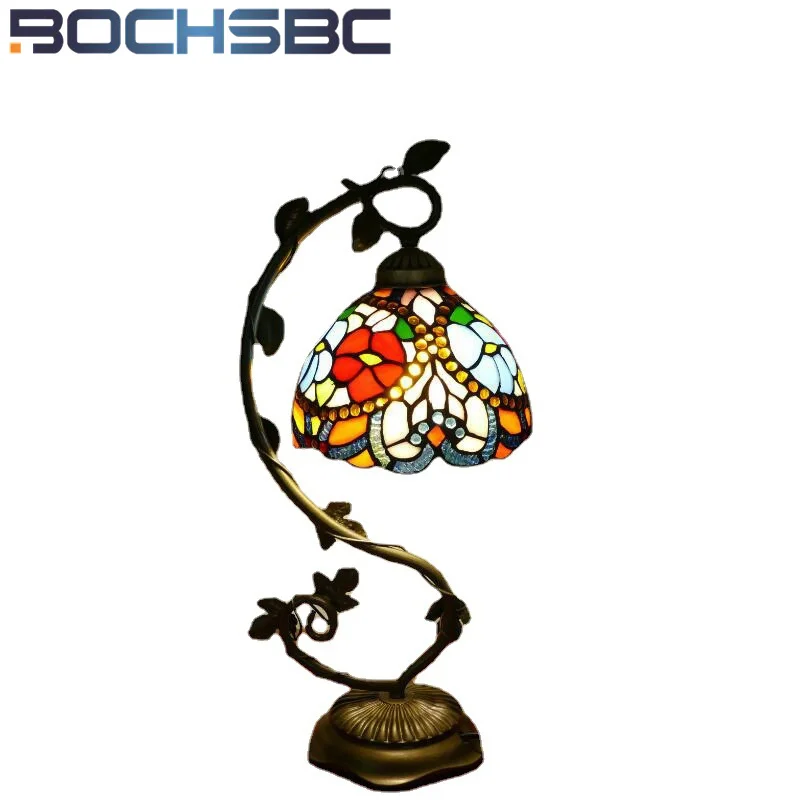 BOCHSBC 스타일 스테인드 글라스 미국 레트로 책상 램프, 침실 침대 옆 램프, 카페 서재 레스토랑 테이블 램프, LED 장식