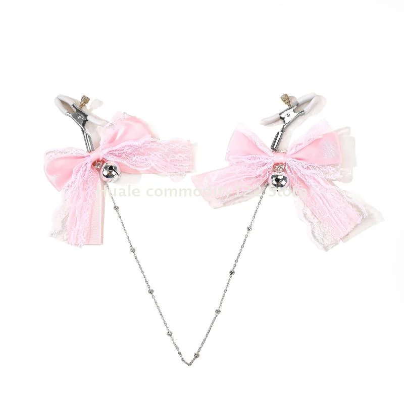 1 paar tepelklemmen van polyesterstof in schattige meisjesstijl met kanten vlinderknoop en belletje, seksspeeltje voor volwassenen met ketting, sexy plagerig accessoire_voghion.com
