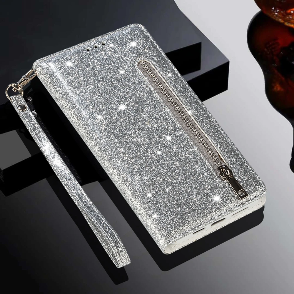Glitter Zipper Wallet Phone Case with Kickstand, Strap, Card Pocket, and Bumper Protection