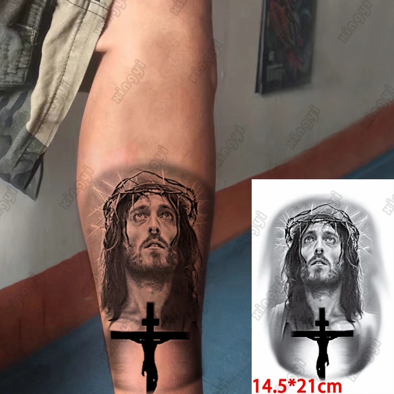 Animal God Cross Lion autoadesivo del tatuaggio temporaneo impermeabile  Jesus Crown Flash tatuaggi donne spine Body Art Arm Fake Tatoo Men -  AliExpress