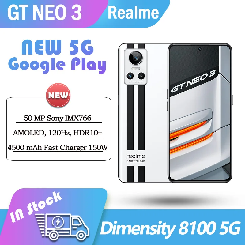 Global Rom Realme GT Neo 3 5G smart Phone 80/150W Super Charge Dimensity 8100 LPPDR5 NFC Android 12 Google play 50MP main Camera