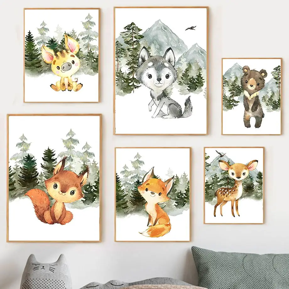 

Nordic Poster Small Forest Animals Fox Bear Deer Squirrel Wolf Pig Wall Art Print Canvas Painting Nursery Baby Kids Room Decor