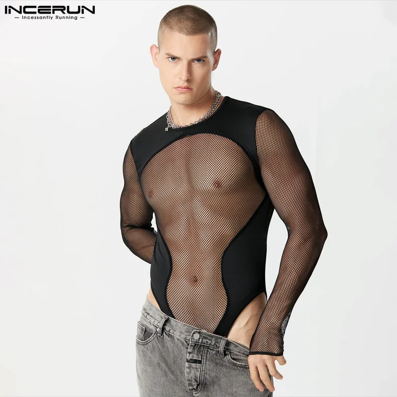 

Sexy Stylish New Mens Homewear INCERUN 2024 Casual See-through Mesh Patchwork Rompers Male Long Sleeved Triangle Bodysuits S-3XL