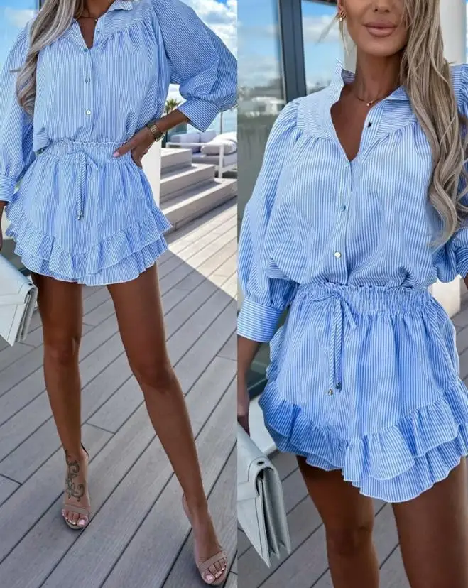 

Tow Piece Set for Women Outfit 2023 Summer Fashion Vacation Lantern Sleeve Buttoned Shirt & Drawstring Ruffle Hem Skorts Set