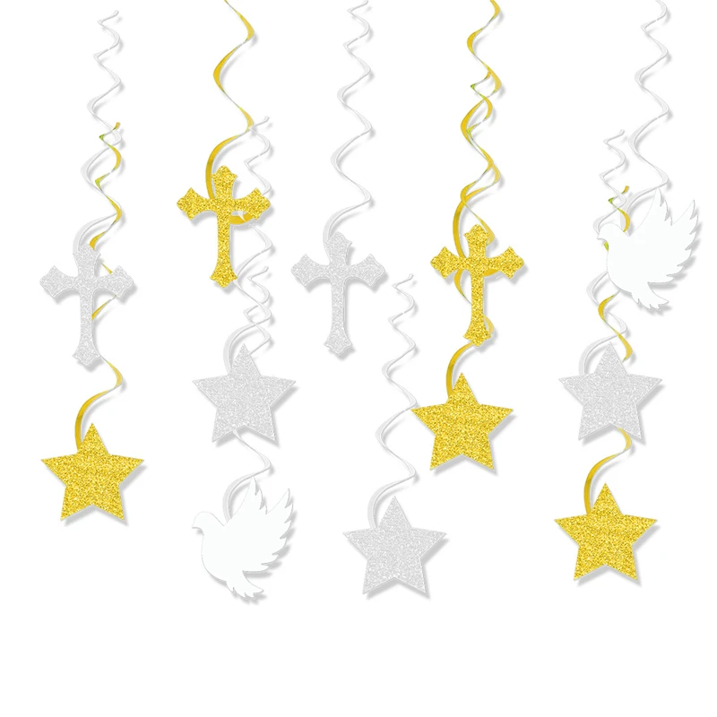 6/12Pcs First Communion Hanging Swirls God Bless and Peace Pigeon Paper Garland Boys Girls Baptism Party Decoration Baby Shower