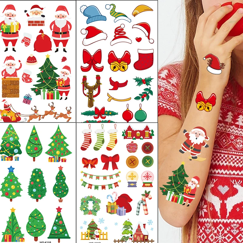 

5PCS Christmas Temporary Tattoo Stickers Cartoon Animal Santa Claus Snowman Christmas Tree Transfer Paper Children Party Gifts