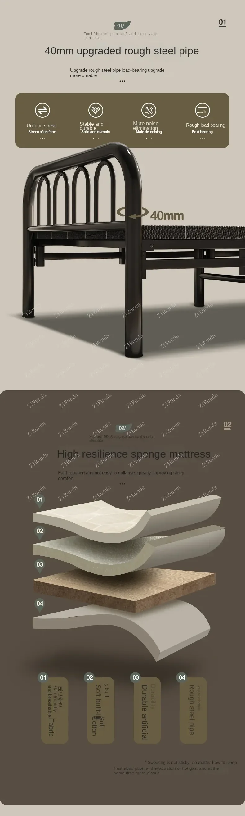 Description Picture 6 of item~L Folding Bed Double Home Simple Bed Rental House Noon Break Bed Office Single Nap Hard-Based Bed Bedroom Sets Beds
