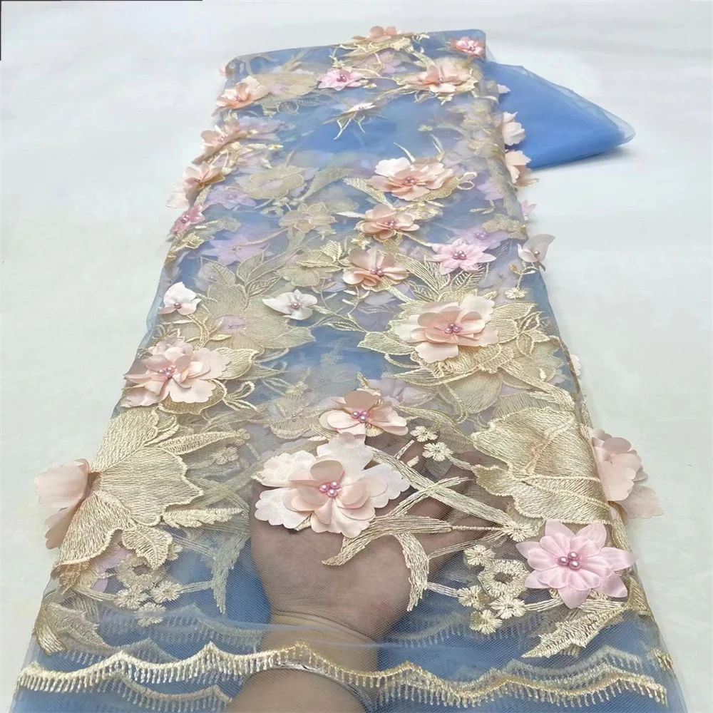 

Высококачественное 3D Тюлевое кружево для жениха с цветочной французской вышивкой, африканская нигерийская ткань с бисером для свадебных платьев 0.85XZ1905