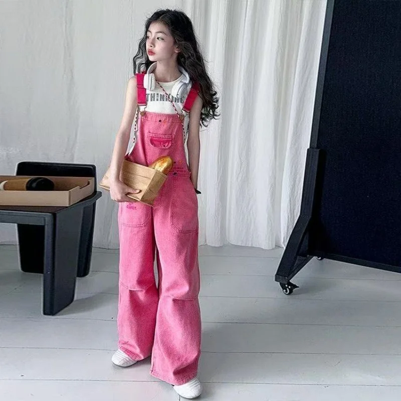 우아한 어린이 핑크 멜빵 청바지 오버올, 여아용 베이비 피트니스 핑크 데님 점프수트, 고급 아동용 멜빵 청바지