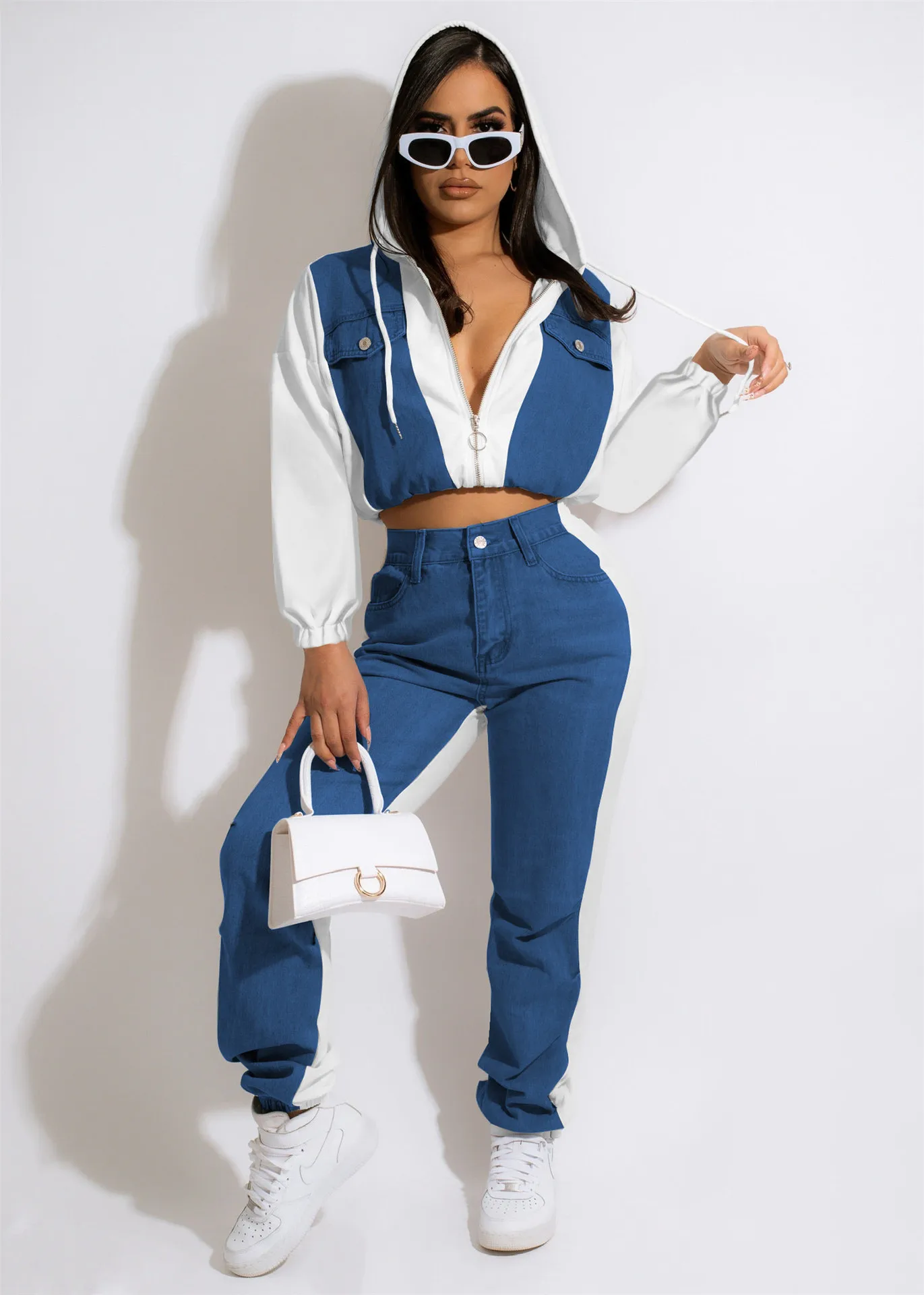 Streetwear Fashion Denim Stitching Two Piece Sets Womens Outifits Zipper Hooded Top + Casual Trousers Women's Matching Clothing