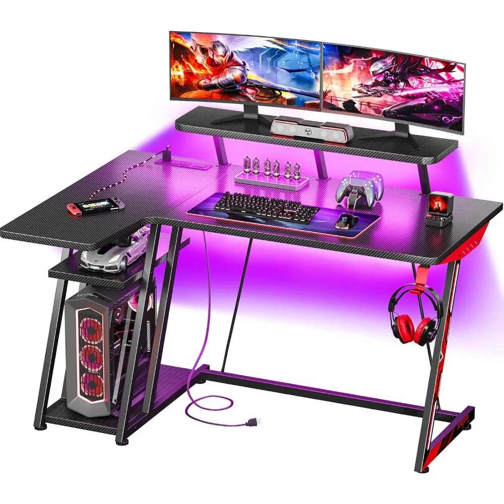 

L Shaped Gaming Desk with LED Lights & Power Outlets, Gaming Computer Desk 47inch with Storage Shelf
