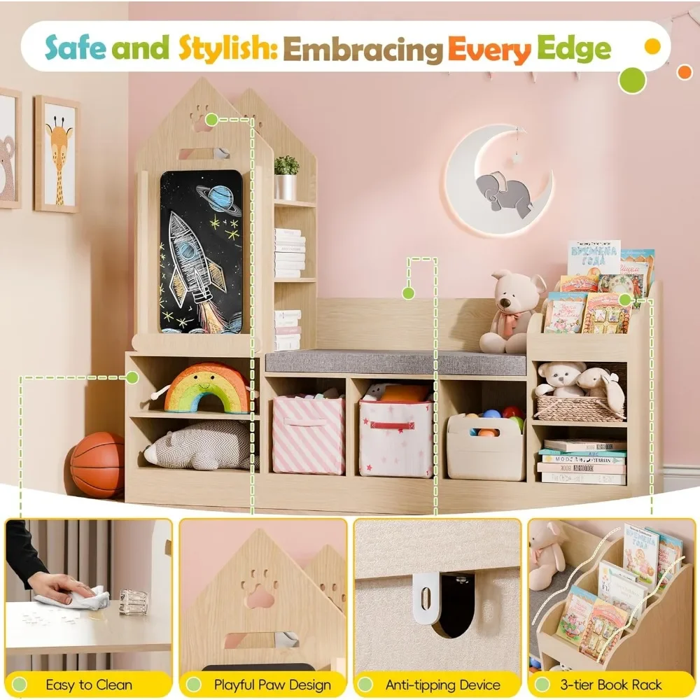 Kids Bookshelf with Reading Nook, Wooden Toy Storage Organizer with Chalkboard and Bench, Kids Reading Nook for Boys & Girls 5