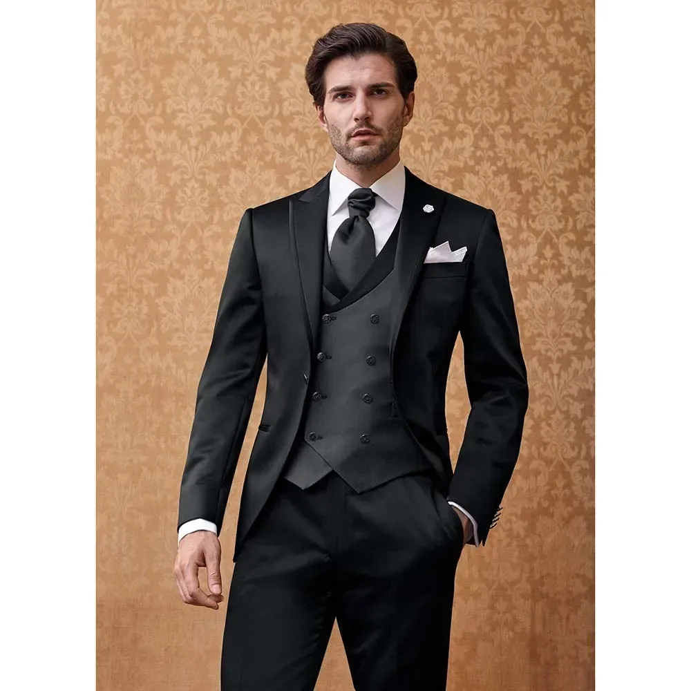 

England Style Black Peak Lapel Men Suits High-end Formal Prom Party Wedding Groom Tuxedo Fashion Casual Full Men's Suit Slim