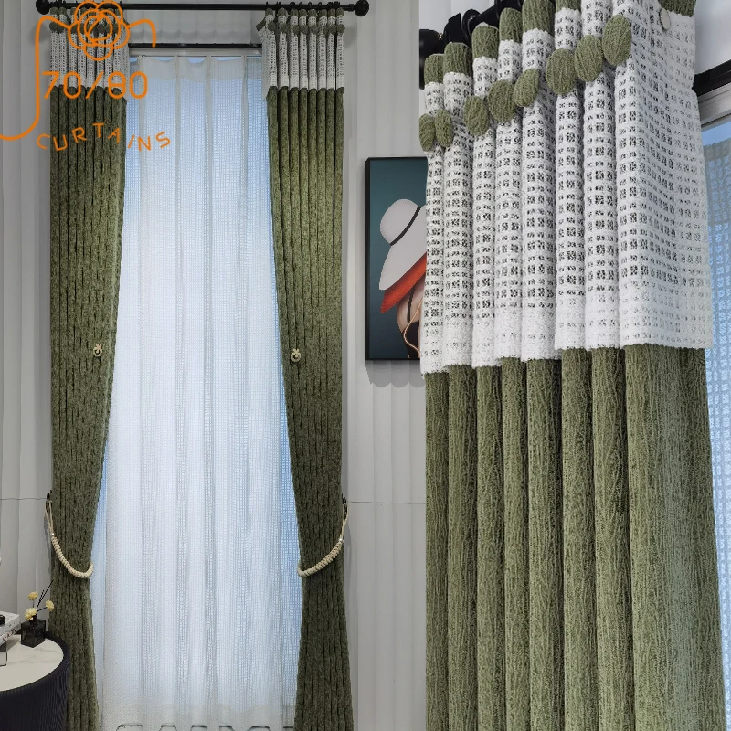 

New Customized Green Jacquard Lace Splicing Thickened Blackout Curtains for Bedroom Living Room French Window Finished Products