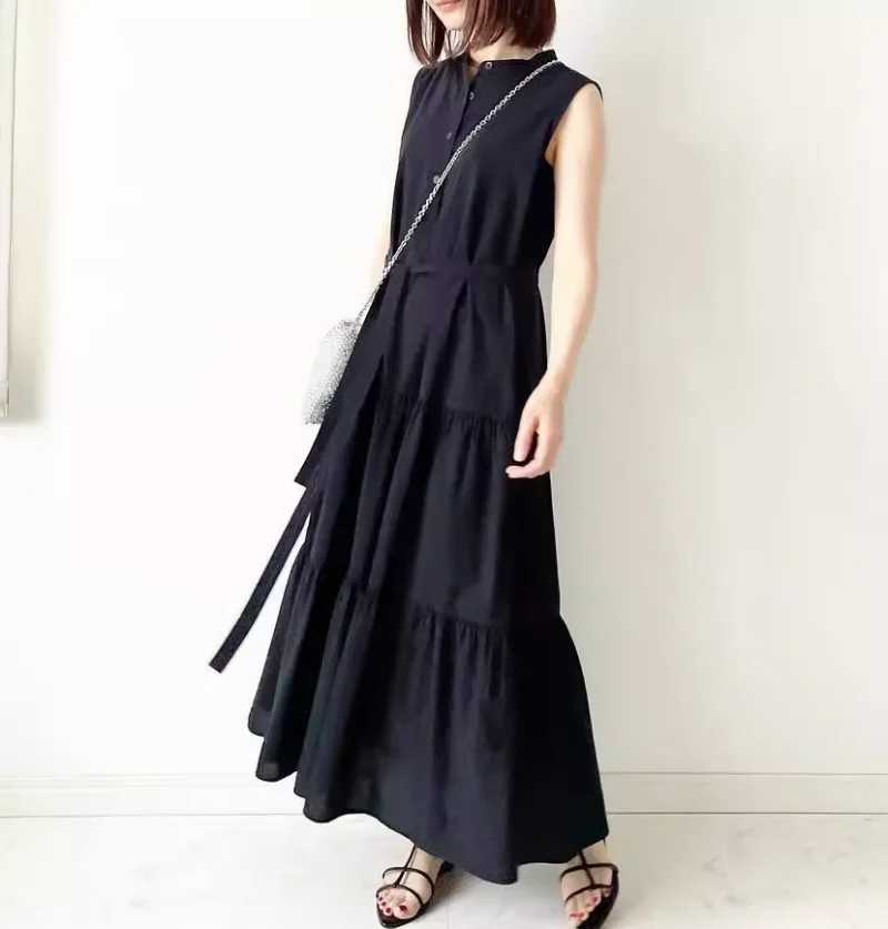 

Japanese Lace Up Slim Waist Ruffles Dress Women O Neck Sleeveless Sundress Robe Femme Solid Party Tanks Vestidos Fashion Summer