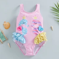 New Fashion Toddler Girls Summer Jumpsuit Bikini Flamingo Little Fish Print Sleeveless Ruffle Swimsuit 18 Months-6 Years 2