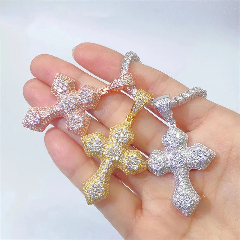 

S925 Silver Iced Moissanite Cross Pendant Women Men 16k Gold Finish D Color VVS Hiphop Pendant Necklace Pass Tester Party Gift